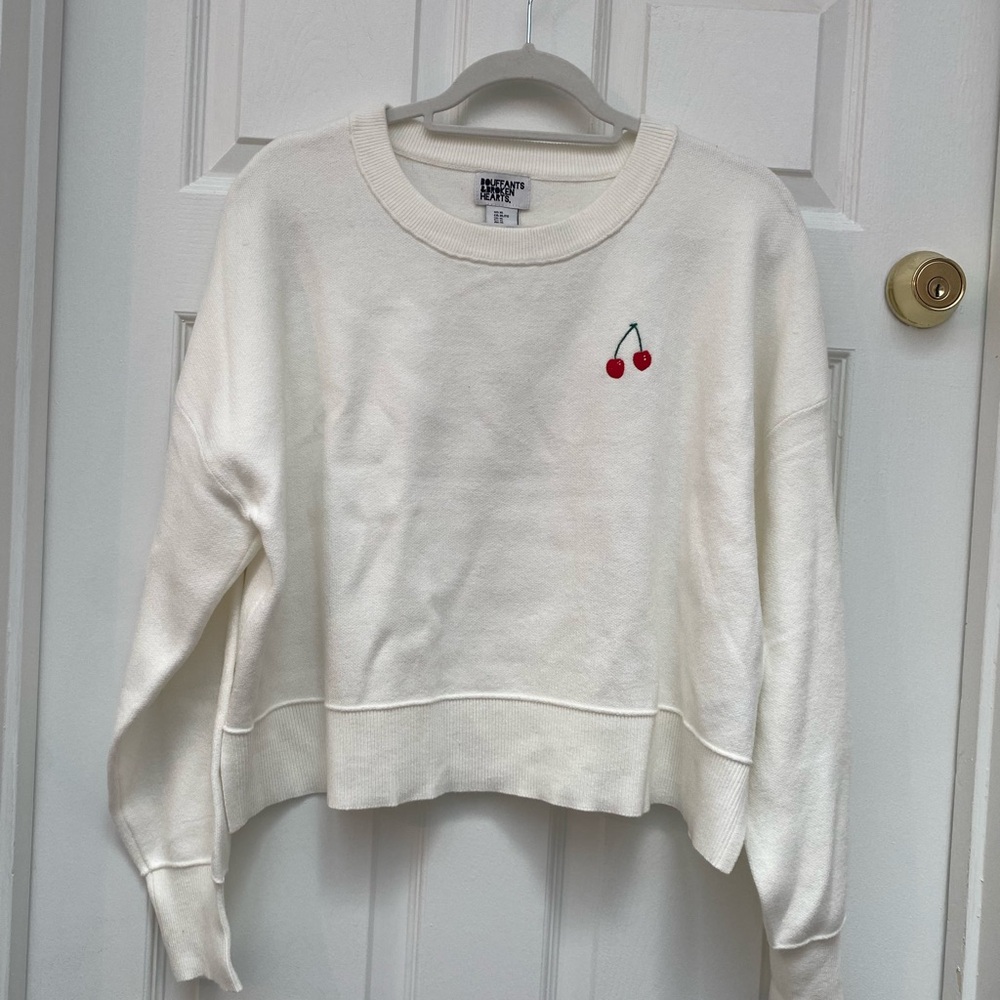 Bouffants & Broken Hearts Cherry Embroidered White Sweatshirt - XL (NWOT)